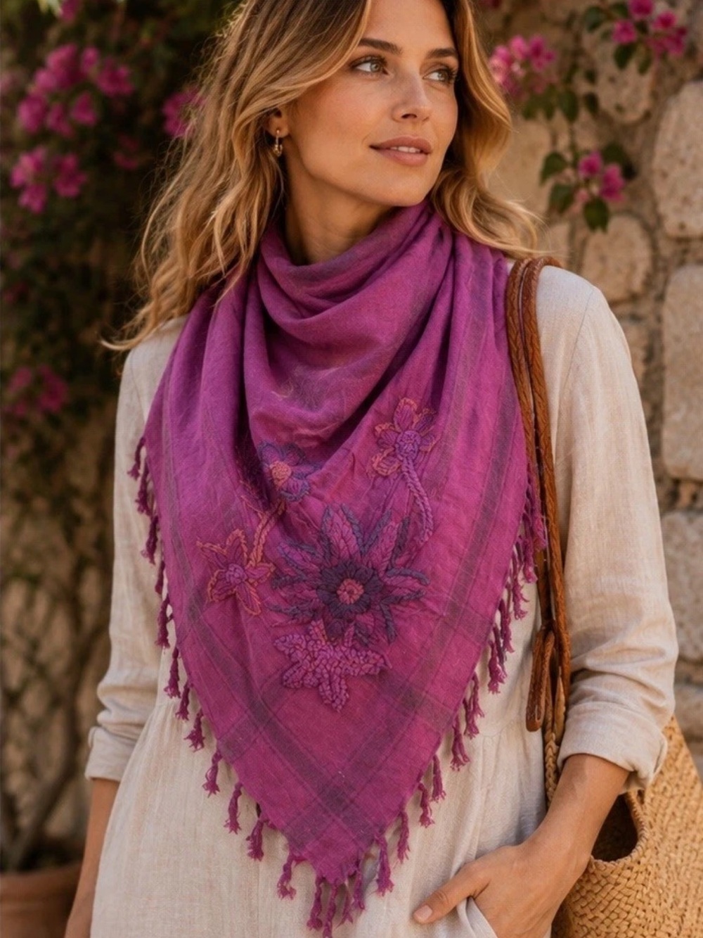 Women Multicolor Pink Printed Embroidered Fringed Scarf Cotton New 5000-3102